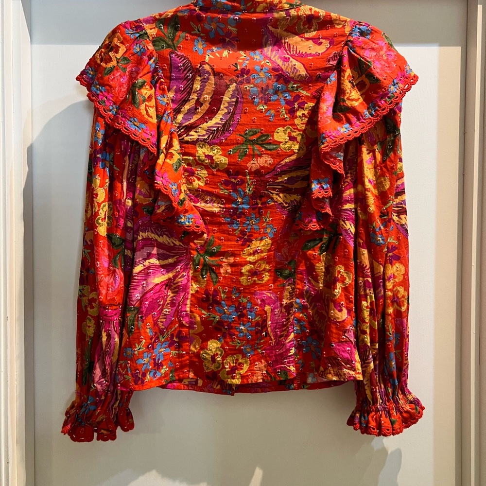 FARM Rio Spring Red Banana Blouse Ruffle-Trim Size XS - Picture 2 of 10